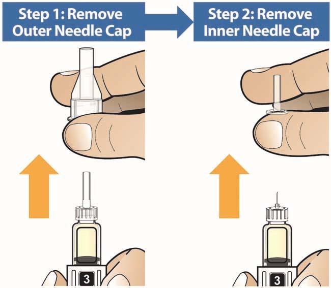 STEP C Remove Both Needle Caps and Inject Your Medicine Remove Needle Caps Carefully remove the outer needle cap, then the inner needle cap. A few drops of liquid may come out of the needle.