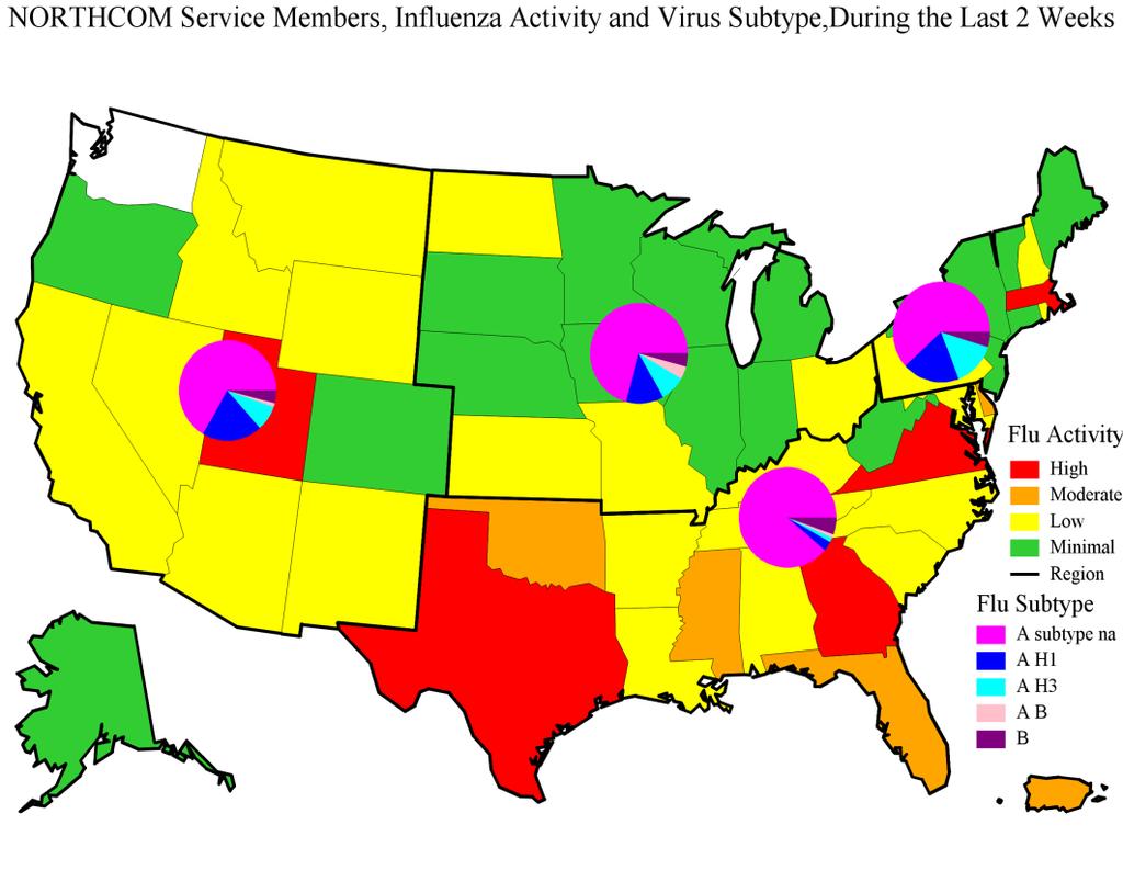 Twenty-five influenza hospitalizations (RMEs) were reported among service members (4) and other beneficiaries (21) for week 05: (Florida (13), Virginia (2), Arizona (2), Texas (3), South Carolina