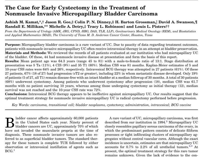 J Urol 2006; 175: 881-885 44 nonmuscle invasive Micropapillary carcinoma Not responsive to intravesical BCG therapy Surgery offered the best chance of cure Some US