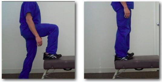 Exercise 21: Step Up Start standing. Lift your right leg onto a step stool, stairs, or chair. Using your right leg, push your body up. Return to the original position and repeat.