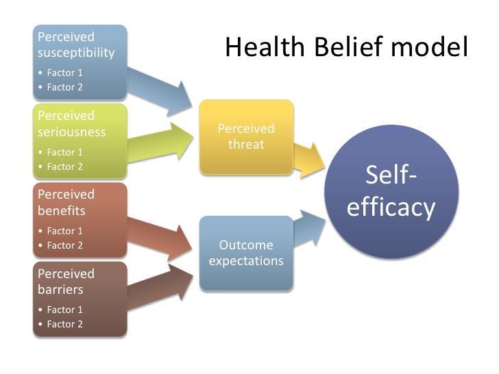 The Health Belief Model Health behaviors are influenced by: Perceived susceptibility (risk of a problem) Perceived seriousness of consequences Perceived benefits of specific action Perceived barriers