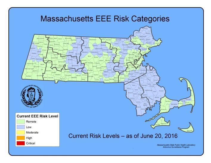 EEE Geographic Risk Levels EEE risk maps combine historical data and areas of mosquito vector habitat with current data on positive virus isolations (in humans, mosquitoes, etc.