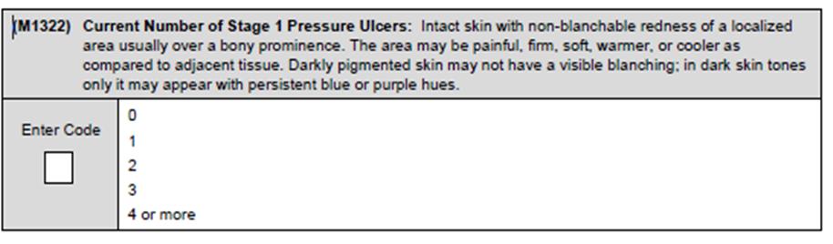 M1320: Answers o A non epithelialized Stage II pressure ulcer: 3 Not healing o A deep tissue injury: 3 Not healing o A pressure ulcer with 20% eschar: 2 Early/partial granulation o A closed Stage III