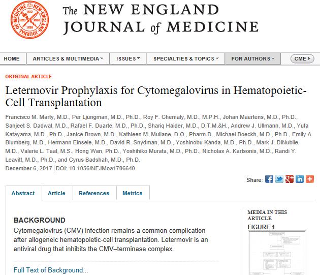 Letermovir- a non-nucleoside CMV inhibitor targeting viral terminase complex preventing viral replication Randomized trial n=570 patients - n=376 received prophy letermovir