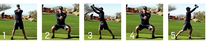 Golf Squat Stand holding a 10-pound dumbbell with hand-over-hand grip. Feet should be more than shoulderwidth apart. Lower to a squat.