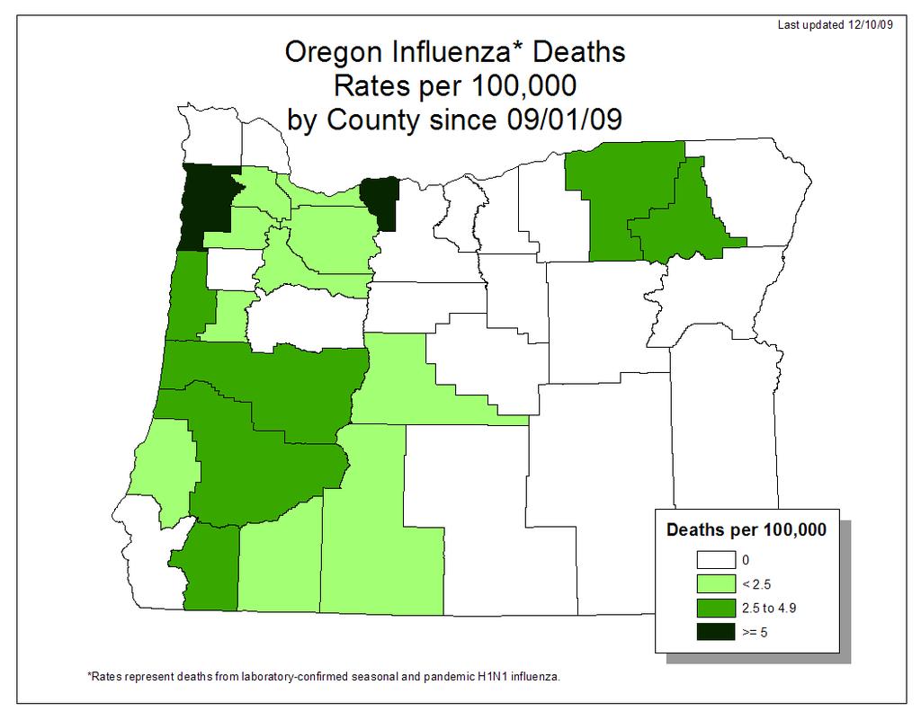 Distribution of Influenza Deaths, by County of Residence and Age Group Since September 1, 2009 County Total 0 to 4 5 to 18 19 to 24 25 to 49 50 to 64 65+ County rate per 100,000 pop Benton 1 0 0 0 0