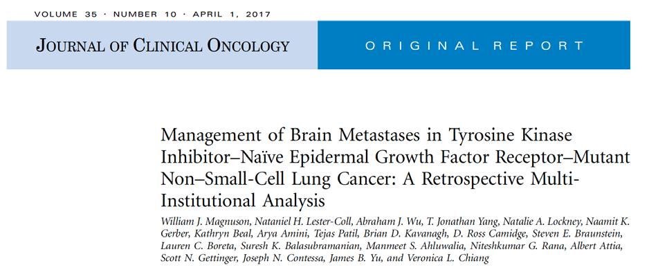 patients with EGFR mutant lung adenocarcinoma who developed brain metastases 351 patients: - 131 (37%) received EGFR-TKI followed by SRS or WBRT at intracranial progression - 120 (34%) were treated