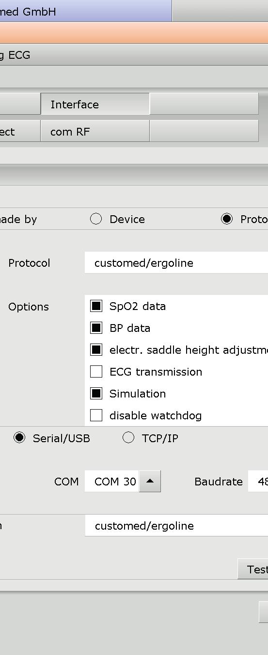 In the Options dropdown list, set the device options connection are entered in the Interface area.
