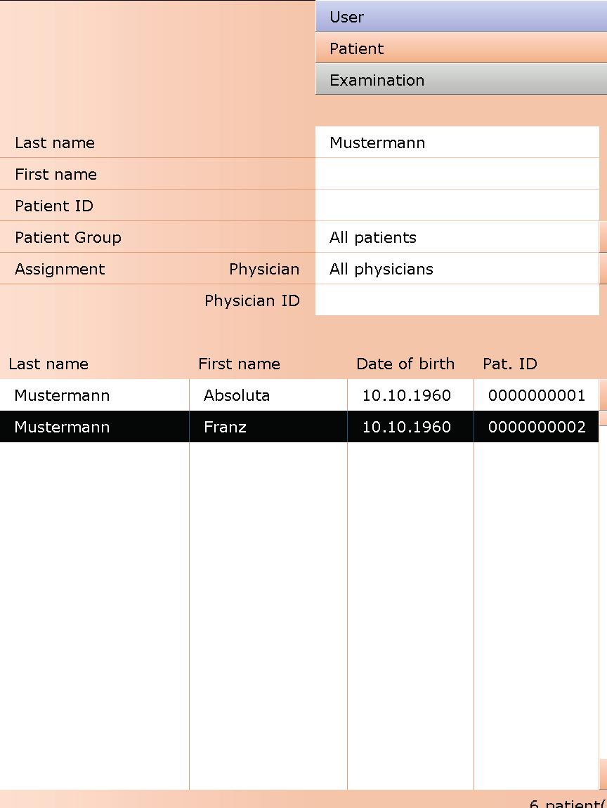 Enter the patient's name into the input fields in the search screen.