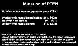 Mutation of PTEN Mutation of the tumor suppressor gene PTEN: ovarian endometrioid carcinomas 20% (4/20) clear cell carcinomas 8% (2/24) solitary endometrioid cysts 21% (7/34) Sato et al.
