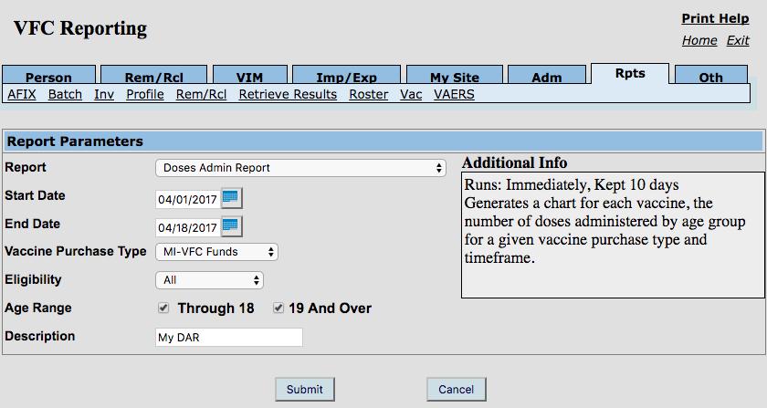 Step Two: From the VFC Reporting screen, choose the Doses Admin Report and select a Start Date and End Date, Vaccine Purchase Type, Eligibility and Age Range.