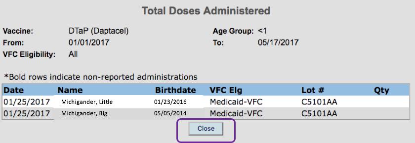Step Four: Clicking on the dose count link retrieves a list of people who received the vaccine. The MCIR record for a person displayed in the listing can be accessed by clicking on their name.