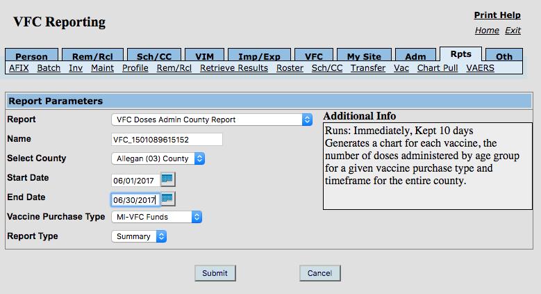 Generating a VFC Doses Admin County Report: Step One: From the system s landing page ( home screen ), click the Vaccine link found under Reports.
