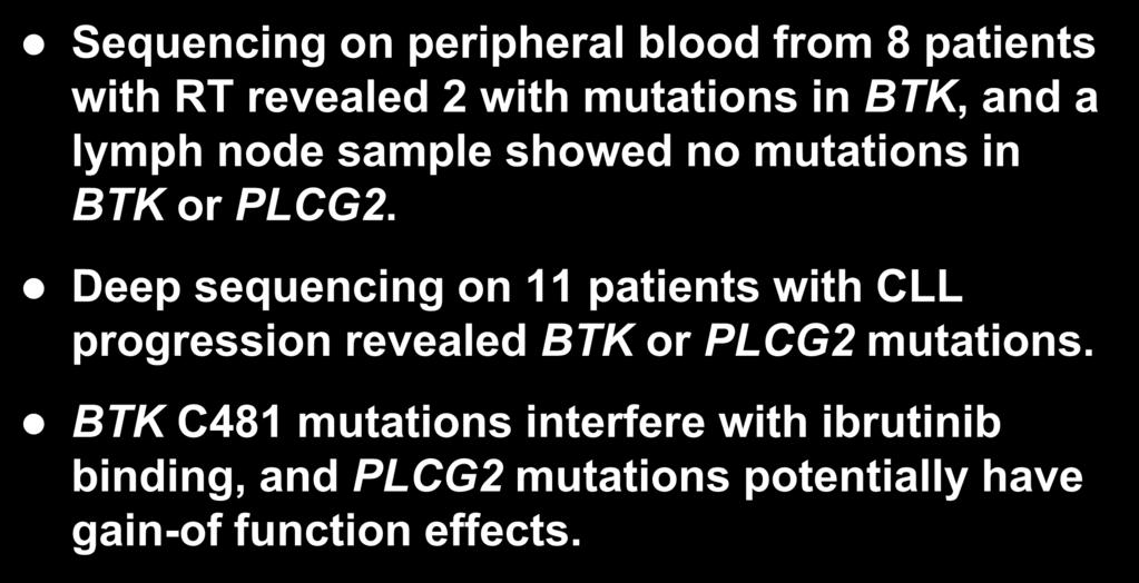BTK Mutations after Ibrutinib discontinuation Sequencing on peripheral blood from 8 patients with RT revealed 2 with mutations in BTK, and a lymph node sample showed no mutations in BTK or PLCG2.