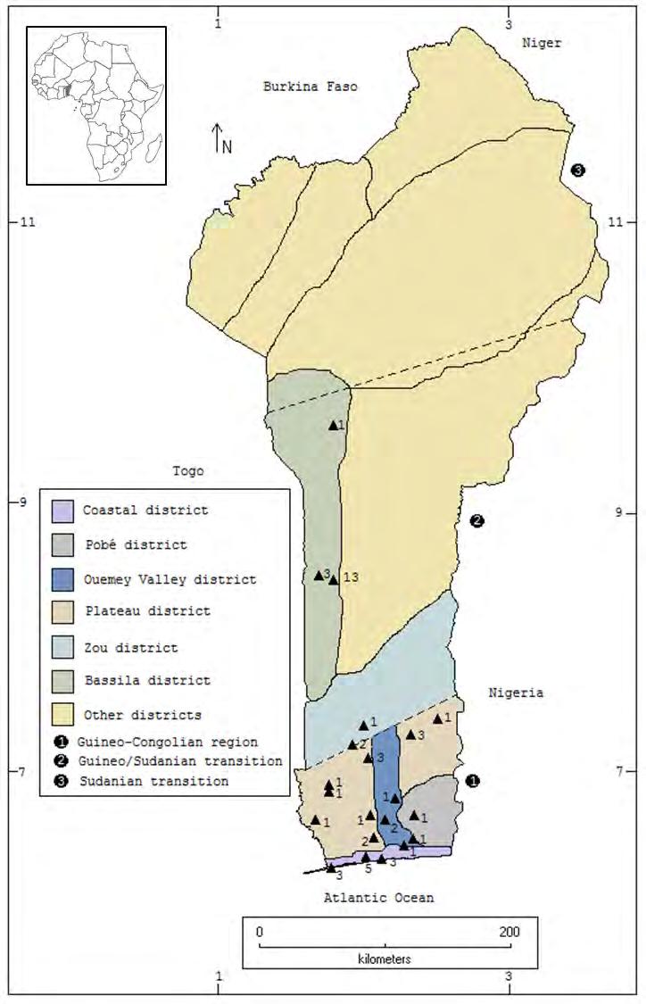 FIGURE 3.1. Map of Benin displaying the different phytogeographical districts and vegetation zones based on species composition. Adapted from Adomou (2005). Triangles indicate surveyed locations.