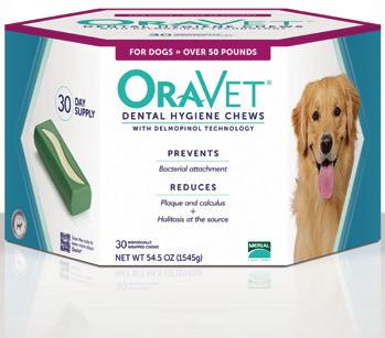 dogs given OraVet Dental Hygiene Chews once daily following application of OraVet Barrier Sealant demonstrated: o No difference in weekly food consumption or changes in body weight6 Contains