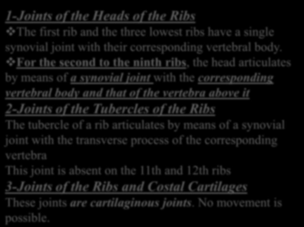 For the second to the ninth ribs, the head articulates by means of a synovial joint with the corresponding