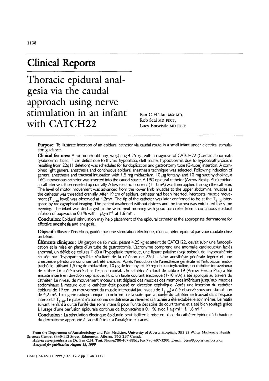 1138 Clinical Reports Thoracic epidural analgesia via the caudal approach using nerve stimulation in an infant with CATCH2
