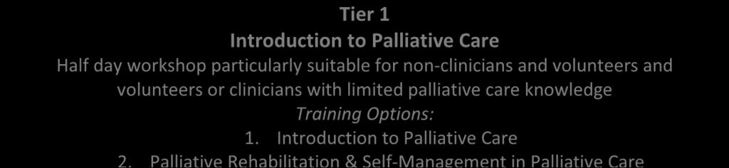Palliative and End of Life Care Education Programme Education Training Dates 2017 Palliative Care Tier Guide Tier 1 Introduction to Palliative Care Half day workshop particularly suitable