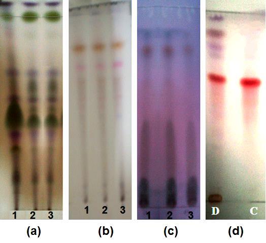 Figure 1: Showing TLC fingerprint TLC fingerprint of extracts with (a) Petroleum ether, (b) Ethyl acetate, (c) Methanol, (d) Diajith with curcumin Physicochemical parameters play important role in