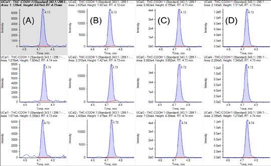 Figure 7: Extracted ion chromatograms (XICs) of the quantifier MRM for THC-COOH (n=3, 343.1 299.1 m/z). (A) 10 ng/ml; (B) 20 ng/ml; (C) 60 ng/ml; (D) 200 ng/ml.