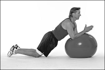 This exercise is a great way to target your abs from the inside out. 1. Kneeling in front of the ball, place your hands on the ball at arm s length (see Figure 8-10a). 2.