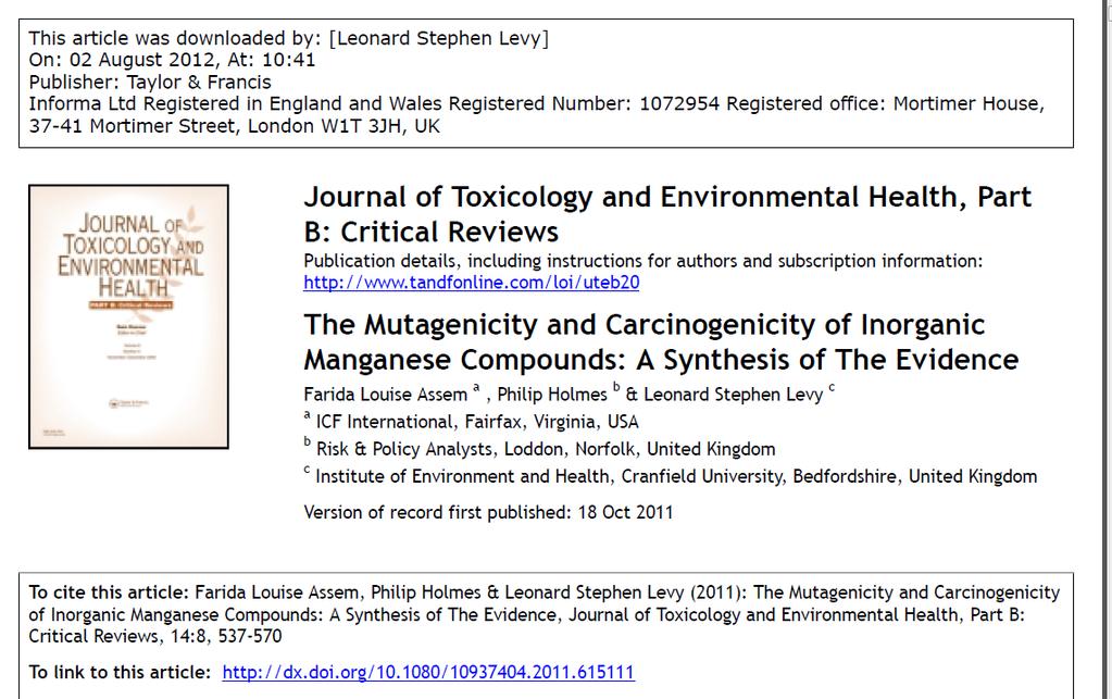 2. Analysis of literature on Carcinogenicity & Mutagenicity The reviewed published literature on carcinogenicity & genotoxicity potential of inorganic Mn (?