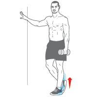 Dumbbell Calf Raise Hold a dumbbell in your left hand and stand on your left foot.