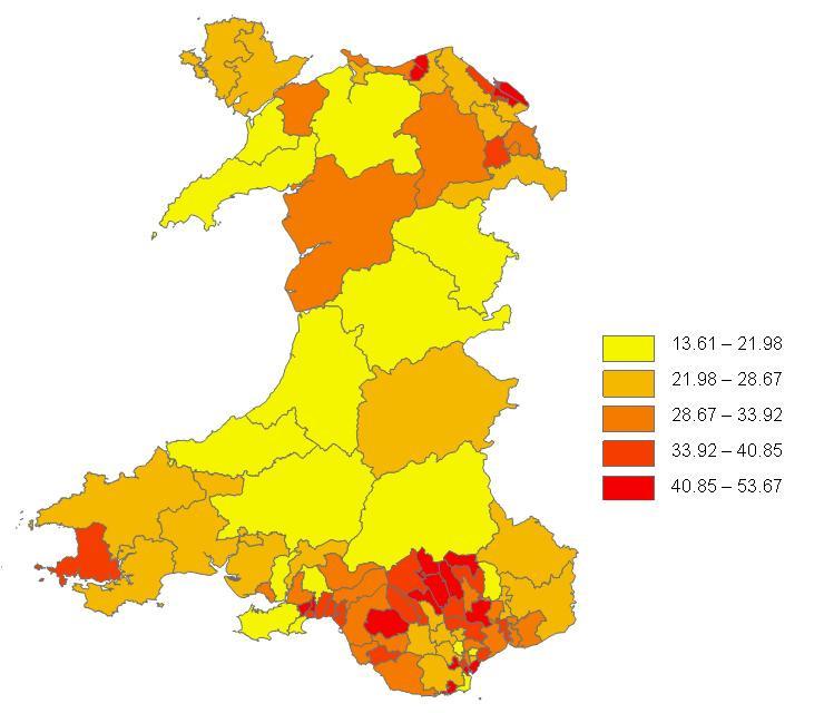 Figure 11: EASR per 100,000 population by USOA in Wales, Males, Mortality.