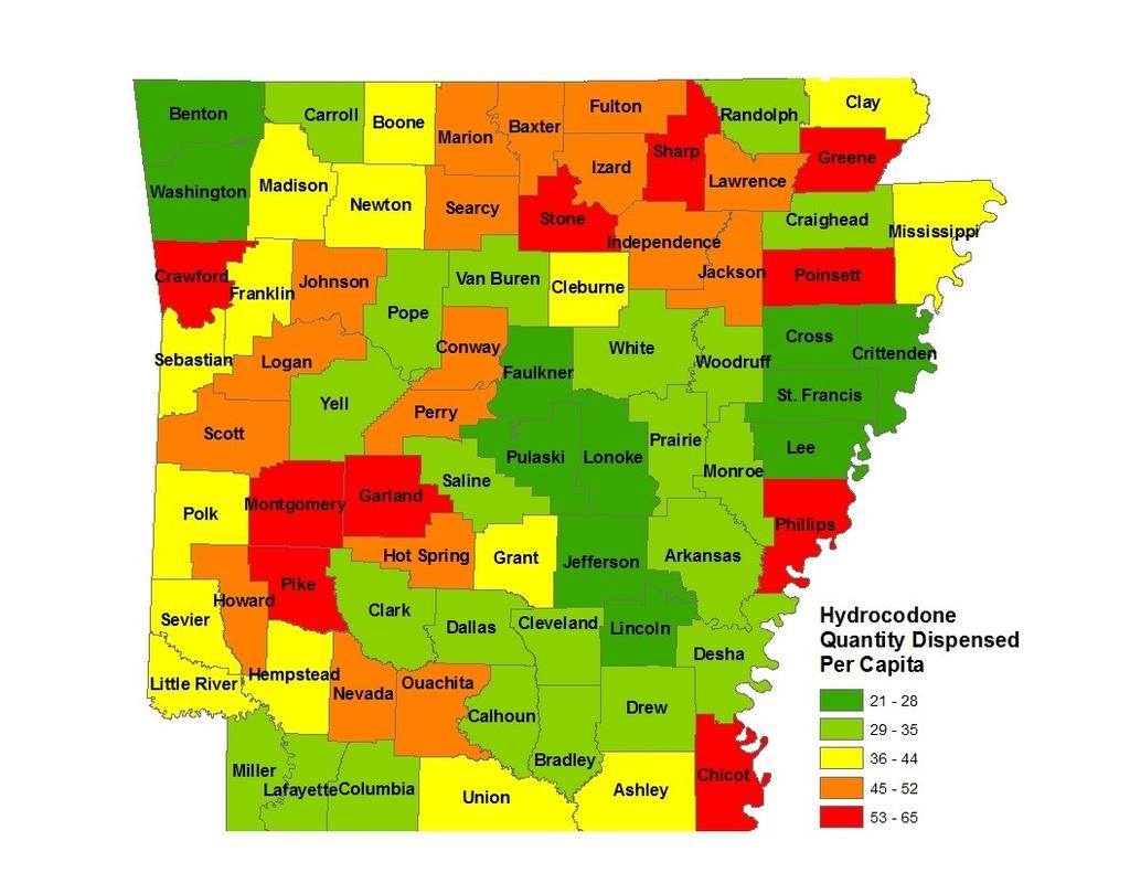 Hydrocodone is the most prescribed opioid in Arkansas. The Arkansas PMP tracks hydrocodone use by mapping the quantity dispensed per capita based on the recipient s address.