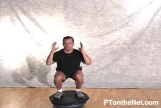This movement utilizes the Bosu ball with the flat side up. With the hands to the side of the body, perform a squat movement. Repeat for desired number of reps.
