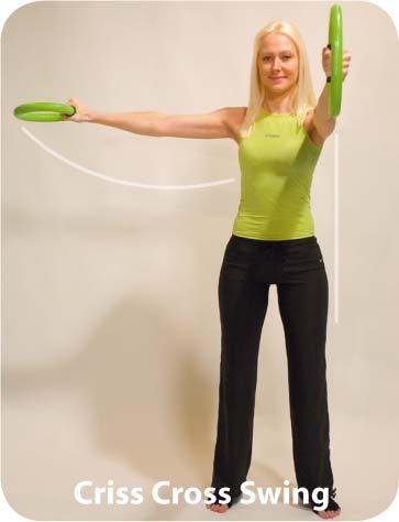 CRISS CROSS SWING Stand in a stable position, feet hip width apart, and swing one arm forward and simultaneously the other
