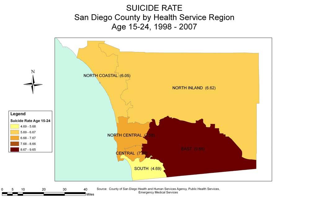 Section 2: Adolescents and Young Adults Geographic Distribution Figure 2.8 The suicide rate was highest in the East Health Service Region (HSR).