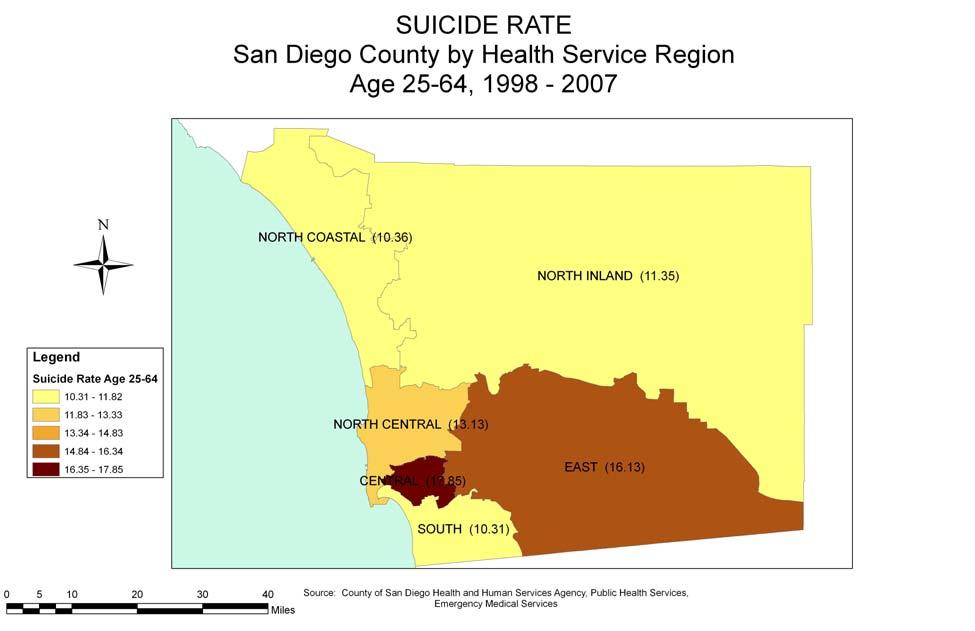 Section 3: Working-Aged Adults Geographic Distribution Figure 3.8 Among working aged adults, the suicide rate was highest in the Central Health Service Region (HSR).