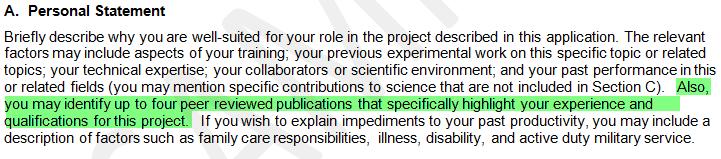 Section A: Personal Statement: Four Publications Instructions NOTE: Per NIH: Noting four publications in the Personal Statement is optional.