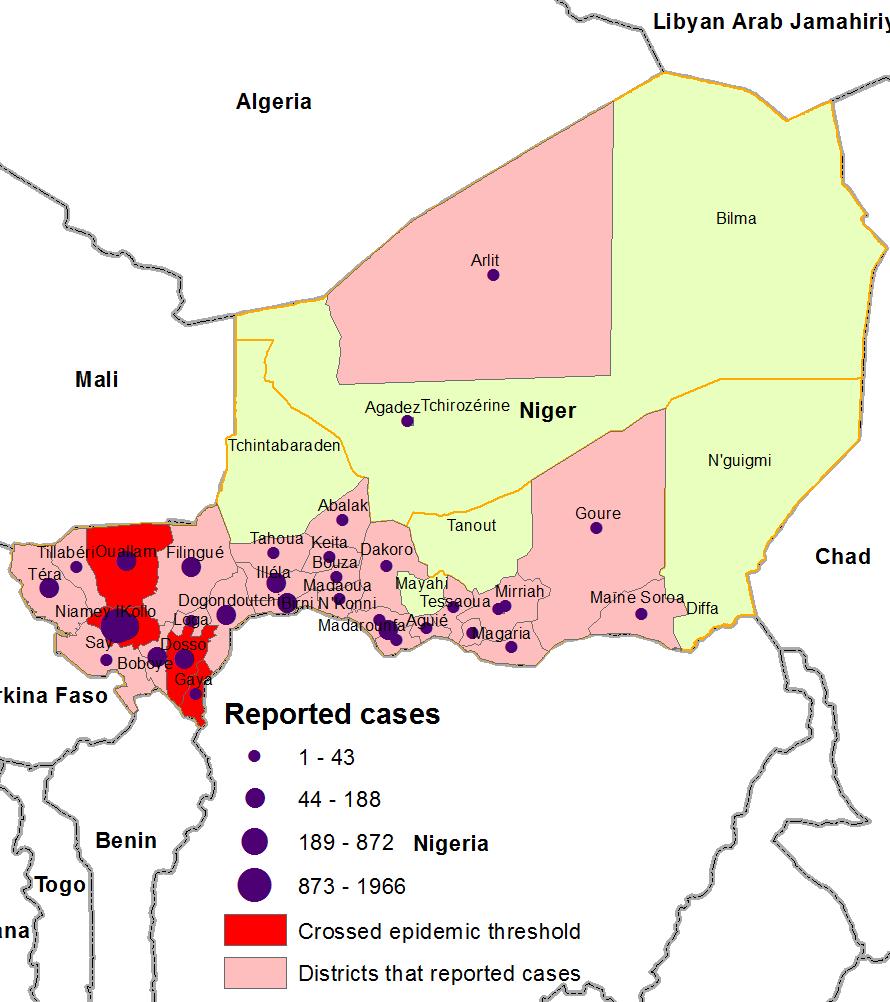 6.3. Meningitis in Niger The Ministry of Health in Niger has declared a rapidly evolving outbreak of meningitis. As of 18 May 2015, 7254 cases including 467 deaths (CFR: 6.4%) have been reported.