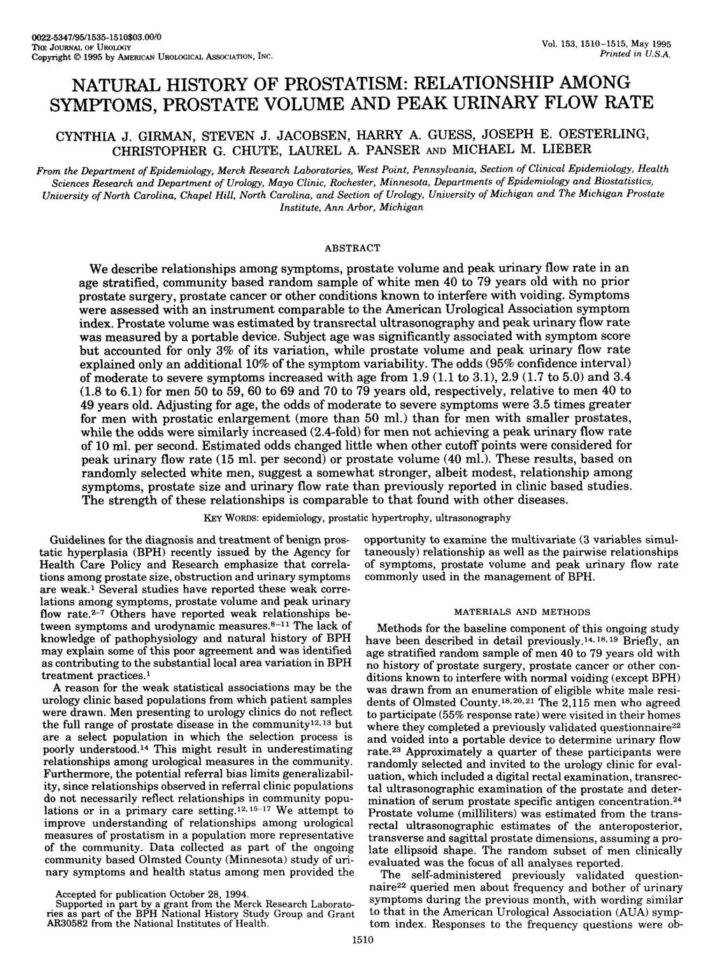Vol 155.595-600. February 1996 Prrnfed 111 U.S.A. NATURAL HISTORY OF PROSTATISM: LONGITUDINAL CHANGES IN VOIDING SYMPTOMS IN COMMUNITY DWELLING MEN STEVEN J. JACOBSEN," CYNTHIA J. GIRMAN, HARRY A.