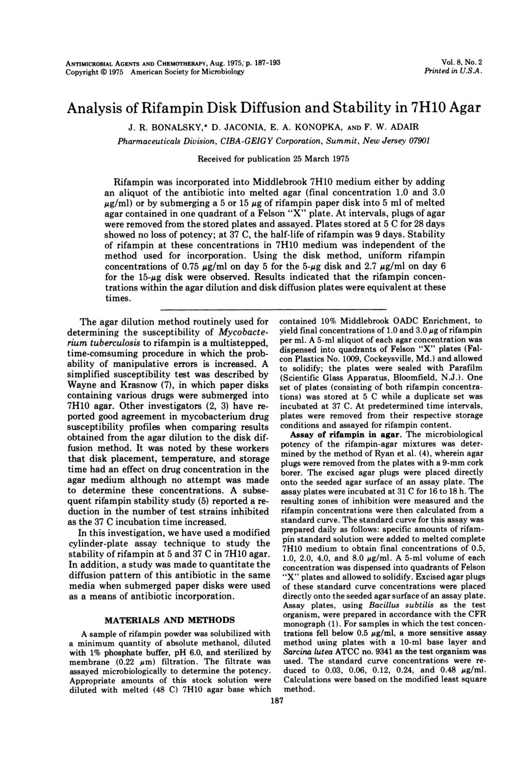 ANTIMICROBIAL AGENTS AND CHEMOTHERAPY, Aug. 1975, p. 187-193 Copyright i 1975 American Society for Microbiology Vol. 8, No. 2 Printed in U.SA.