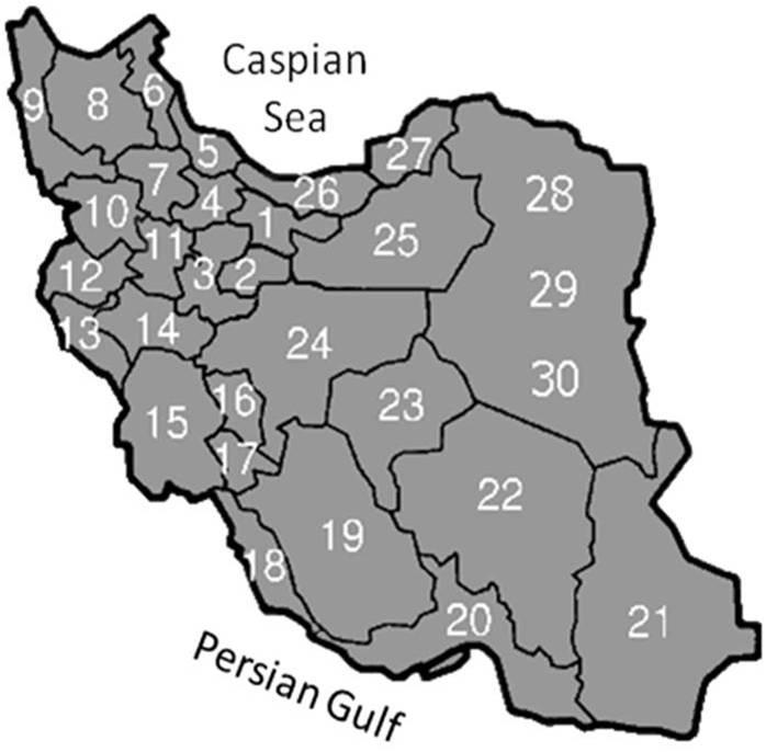 362 Estimation of fluoride intake by Iranian powdered milk-fed infants 362 Figure. Location of the provinces in Iran shown in column 1 of Table 3.