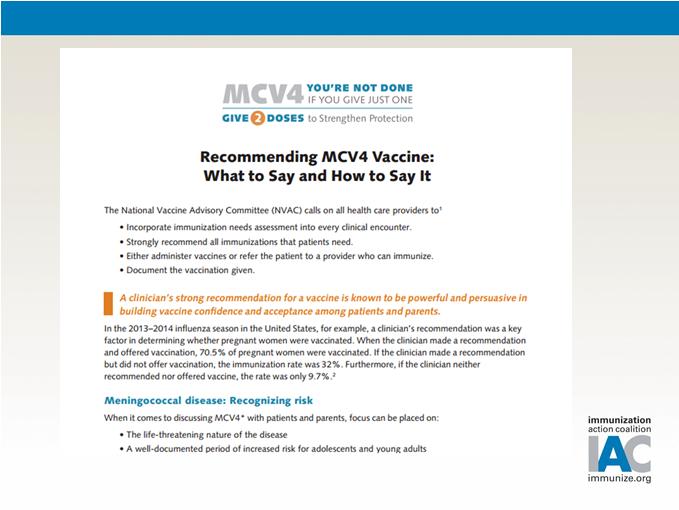Opportunities to vaccinate are often missed MenACWY Second Dose Resources to help improve second