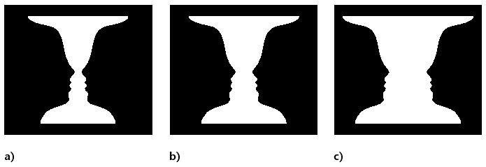 Figure 5.3 Reversible Figure and Ground. Three patterns in which either a white vase or a pair of black faces can be seen.