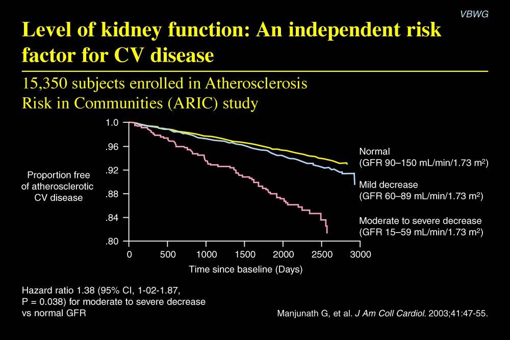 Level of kidney function: An independent risk factor for CV disease Manjunath et al studied the relation between level of kidney function and risk of CV disease in a community cohort.