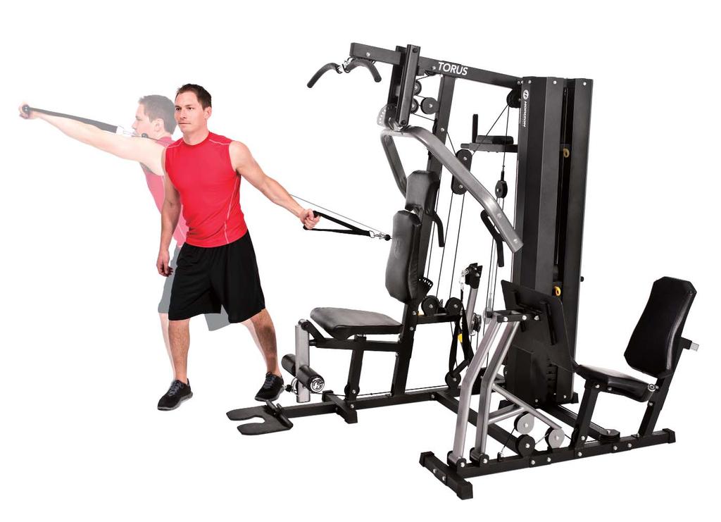 DYNAMIC CABLE FLY 7 1. Adjust the free-motion arm to the upward position. 2. Stand beside the machine with the free-motion arm strap in your hand. 3.
