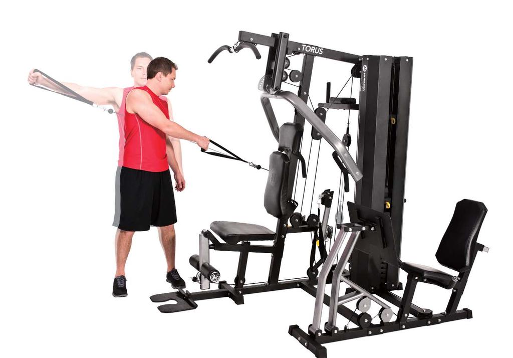 DYNAMIC CABLE REAR DELT FLY 7 1. Adjust the free-motion arm to the upward position. 2. Stand with your side to the machine while gripping the arm strap. 3.