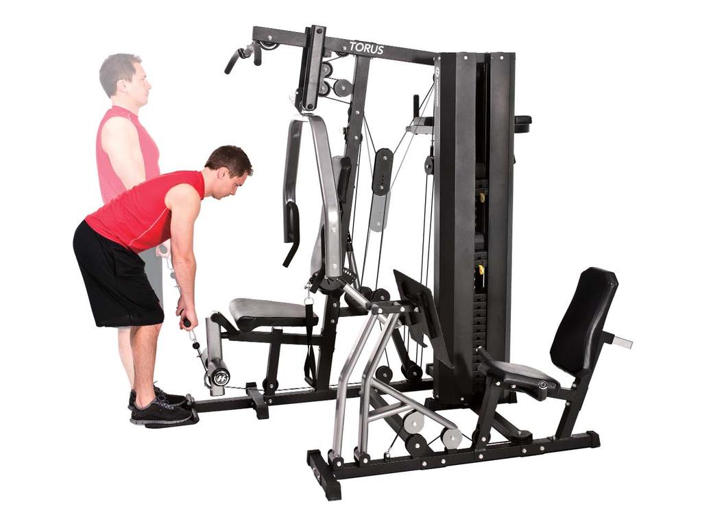 LOWER BACK EXTENSION 5 1. Attach the short handle (low row bar) to the machine. 2. Stand on the foot plate facing the machine. 3.