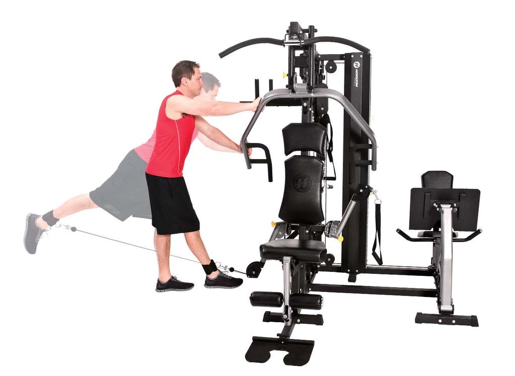 GLUTE KICKBACK 7 1. Adjust the free-motion arm to the downward position and attach ankle strap. 2. Stand facing the machine with the cuff on your right ankle and hold your hands on the press arm. 3.