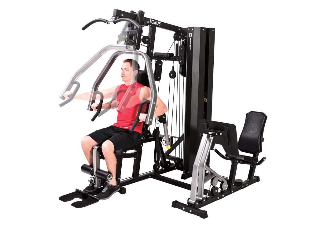 DECLINE CHEST PRESS 2 1. Adjust the seat to a higher position to ensure the hand grips are lower than the center of your chest. 2. Adjust the press arms with the adjustment mechanism until they are in a comfortable forward-to-back position for your chest press.
