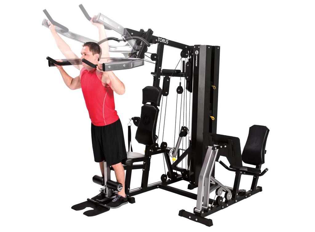 STANDING SHOULDER PRESS 2 1. Adjust the press arm mechanism to the shoulder press setting, which aligns the press arms with your shoulders. 2. Face away from the machine, grasp the press handles and tip your body forward slightly while keeping your torso straight.
