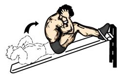 Incline Sit Ups 1. Lie back on an incline board set at an angle of your choosing. Hook your feet under the pad to secure your body. Keep your knees slightly bent.