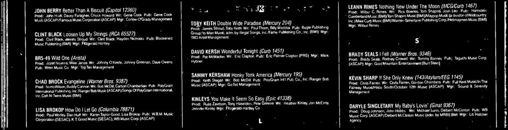 Almo Music Corp., AN WA Music (ASCAP) BLLY DEAN Real Man (Capitol 12354) Prod: David Gates. Billy Dean Wr: Billy Dean Pub: Hanel/ Music (BM) DAMOND RO You're Gone (Arista 3127) Prod: Michael D.